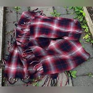 Red & dark blue plaid tartan scarf/shawl with fringe